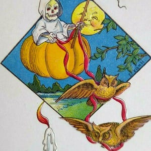 ハロウィンポストカード 死神 骸骨 ファンタジー 月 フクロウ 猫 サイン入り E Von H ユニークなギフト