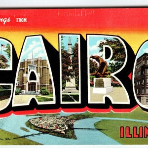 Salutations du Caire, Illinois, grande lettre, carte postale Linen Curt Teich vintage