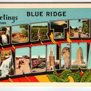 Carte postale vintage Salutations de Caroline du Nord, Blue Ridge des années 1940, lin non utilisé