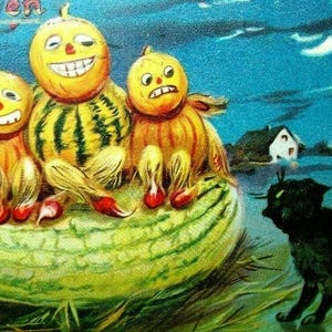 Ancienne carte postale d'Halloween avec lutins anthropomorphes humanisés chat noir 1908, cadeau unique