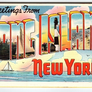 Salutations de Long Island, New York, grande carte postale en lin, grande lettre, bateau inutilisé, cadeau unique