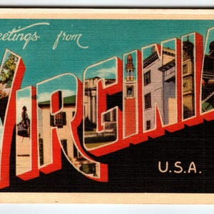 Carte postale vintage des années 1940 Greetings From Virginia, grande lettre, lin Dexter Orig