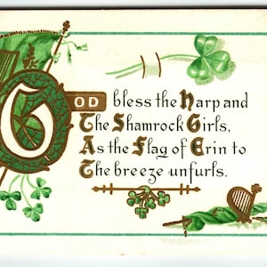 Carte postale J. Herman pour la Saint-Patrick Gold Harp Shamrock Girls Drapeau Irlande 1911