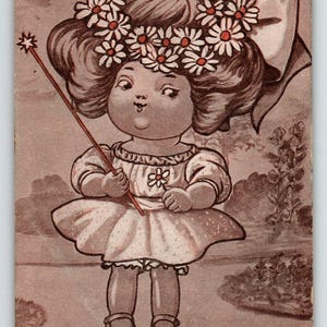 Mai Mädchen Postkarte mit Zauberstab Blumen Künstler Dodsvalent AH Co Vintage 1909 Einzigartiges Geschenk