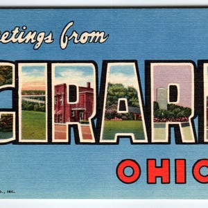 Salutations de Girard Ohio vintage grande grande lettre carte postale en lin City State