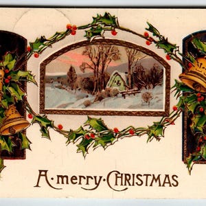 Christmas Postcard Cottage Bells Gold Trim Embossed Gel Germany 1910 Series 276