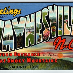 Carte postale d'État en lin, grande lettre, grande lettre, carte postale de Waynesville, Caroline du Nord, cadeau unique
