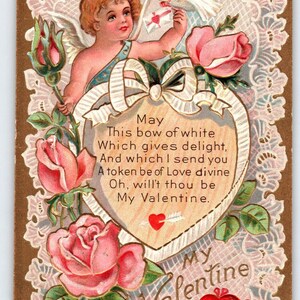 Carte postale série coeur Saint-Valentin chérubin colombe blanche en relief roses antique vintage