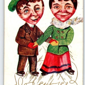 Carte postale Saint Valentin, des hommes et des femmes en forme de coeur se tiennent la main sur des patins à glace