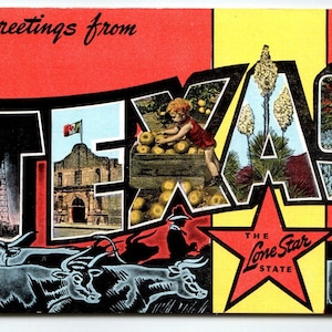 Salutations du Texas, grande et grande lettre, carte postale Lone Star State, lin Kropp