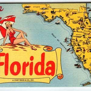 Salutations de la Floride, carte, carte postale, maillot de bain, fille de plage, lin Curt, Teich, inutilisé