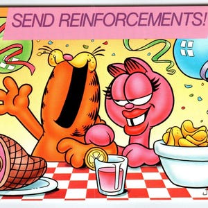 Carte postale Garfield Cat envoyer des renforts Jim Davis Comic Orange Tabby 1978 Cadeau unique