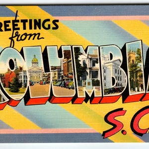 Carte postale vintage en lin de Columbia, Caroline du Sud, Capitol Cars des années 40