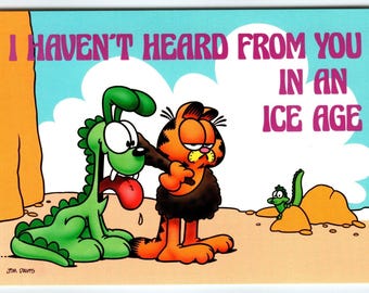Garfield Cat Postcard Ice Age Cave Kitty Dino Dog Jim Davis 1978 Tabby Cartoon Vintage