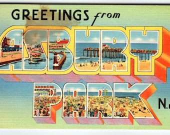 Vintage Greetings from Asbury Park NJ Large Letter Linen Postcard Pier Beach
