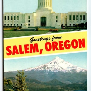 Salutations de Salem Oregon carte postale chromée avec photo lettre vintage HS Crocker