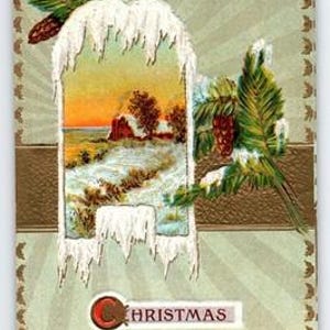 Vintage 1911 Christmas Greetings Postcard Winter Scene Pine Cones