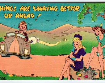 Thing Are Looking Better Up Ahead Sexy Women Man In Car Linen Comical Postcard