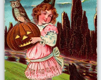 Halloween Antike Postkarte Mädchen Mond Schwarze Katze Eule JOL Sanders 1909 Geprägt