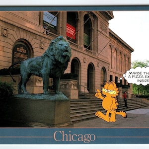 Garfield Katze Postkarte Chicago Illinois Löwe Statue Ausstellung Jim Denims Retro 1970er Jahre