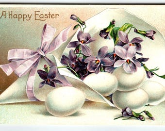 Easter Postcard Eggs Purple Flowers Embossed 1910 Germany International Arts Unique Gift