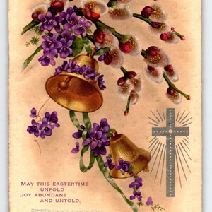 God Bless Thy Ostern Postkarte 1910 Weidenblüten Glocke Heiliges Kreuz Gold Glocken