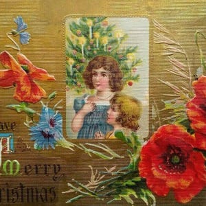 Victorian Christmas Postcard Textured Gold Unused Vintage Antique Original Unique Gift