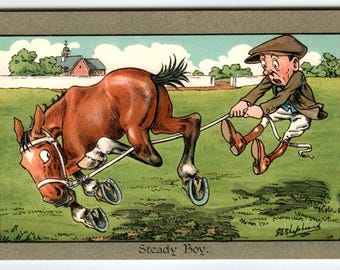 Steady Boy Horse Comical Fun Humor CW Faulkner Artist Signed Shepheard Germany