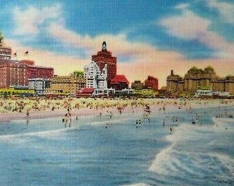 Atlantic City Postcard Hotel Landscape Boardwalk Ocean New Jersey NJ Linen 1959 Unique Gift