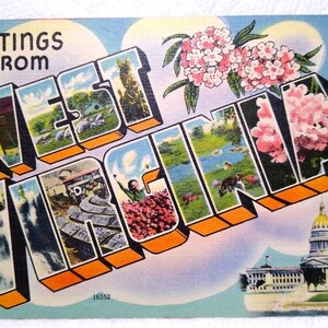 Carte postale avec lettre large Greetings From West Virginia, lin, couleur avec image inutilisé, cadeau unique