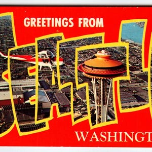 Carte postale chromée avec grandes lettres Greetings From Seattle Washington Space Needle 1973