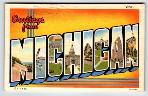 Greetings From Michigan Large Big Letter Postcard Linen Curt Teich