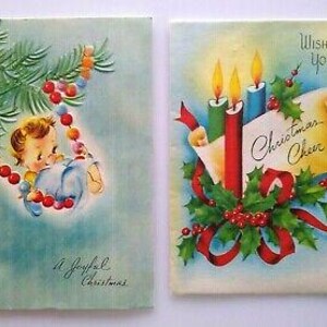 Lot de 2 cartes de voeux de Noël vintage bébé mignon se balançant dans l'arbre 1946 cadeau unique