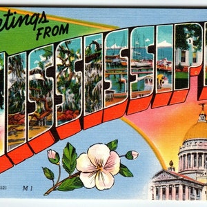 Carte postale en lin, grande lettre, Grandes salutations du Mississippi, image couleur inutilisée, cadeau unique