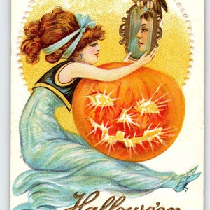 Carte postale Halloween fantaisie belle sorcière hibou miroir homme JOL Stecher 216 en relief
