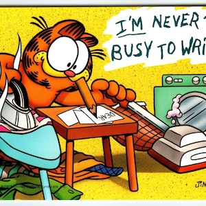 Carte postale Garfield Cat Jamais trop occupé pour écrire des travaux ménagers Jim Davis 1978 non utilisé