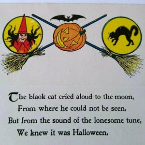 Ancienne carte postale d'Halloween poème Gibson sorcière chauve-souris chat noir 1912 Hallowell Maine cadeau unique