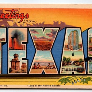 Salutations du Texas, grande lettre, grande lettre State, carte postale en lin vintage Curt Teich