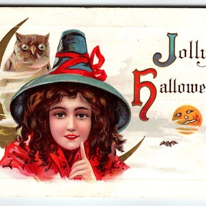 ハロウィンポストカード 魔女 フクロウ 女の子 雲 JOL 月 コウモリ 332 ステッチャー アンティーク 1914