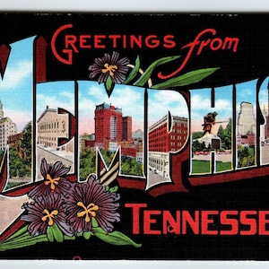 Grande carte postale en lin, grande lettre, Grandes salutations de Memphis, Tennessee, cadeau unique EC Kropp inutilisé