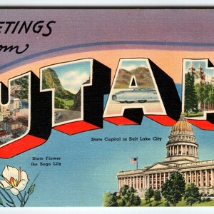 Salutations de l'Utah des années 40, grande lettre, grande lettre, carte postale d'État en lin Tichnor Brothers