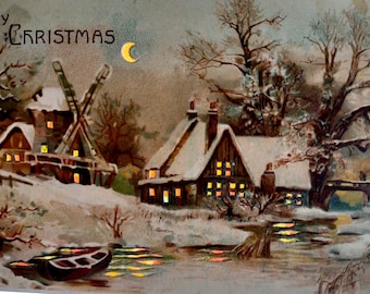 Hold To Light Postcard Christmas Village Snow Covered Wind Mill Boat Home Moon