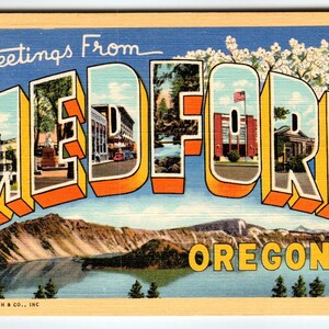Salutations de Medford, Oregon, grandes lettres, carte postale des années 40, ville Linen Curt Teich