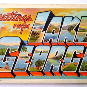 Carte postale grande lettre, Grandes lettres, Greetings From Lake George, New York, Linen Curt Teich, cadeau unique