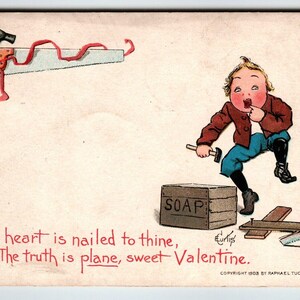 Carte postale de la Saint-Valentin signée E. Curtis Boy, boîte à savon avec scie au marteau, 1903, cadeau unique