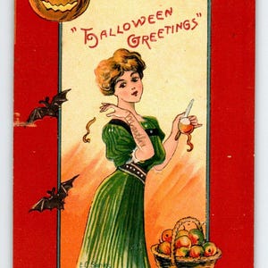 Vintage Halloween Postkarte EC Banks Frauen mit Fledermäusen Äpfel Prägedruck Albert Wilson