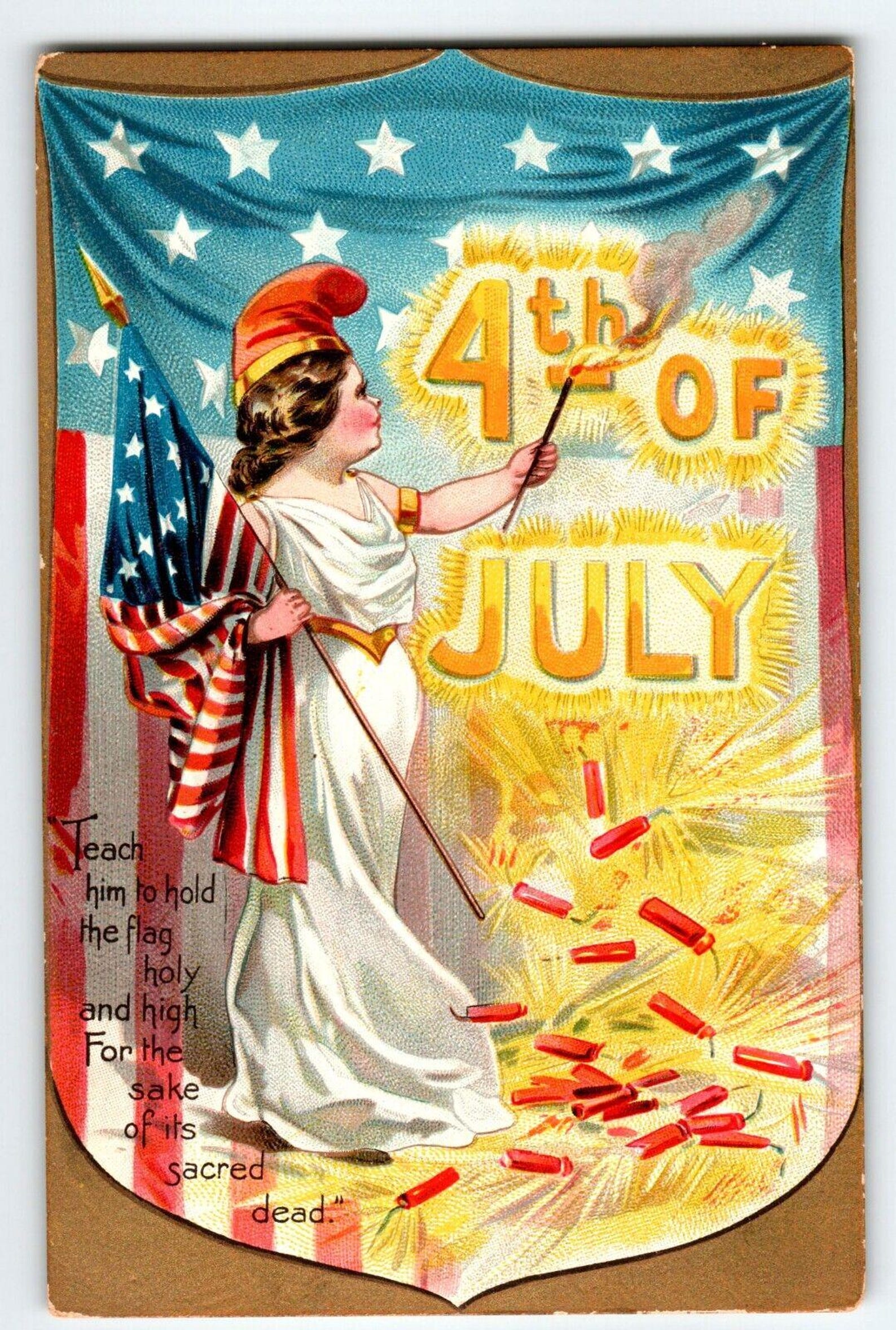 July Lady 4th of July Postcard Lady Liberty Girl Firecrackers Independance Day ...