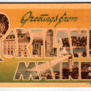 Salutations de Portland, Maine, grandes lettres, grandes lettres, Dexter, années 40, lin