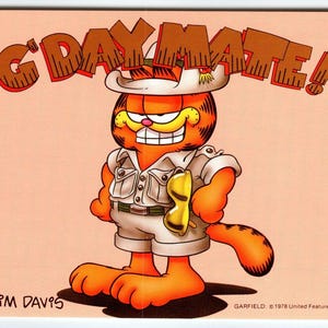 Garfield Postkarte G 'Day Mate Australier Jim Denim orange getigerte Katze 1978 Einzigartiges Geschenk