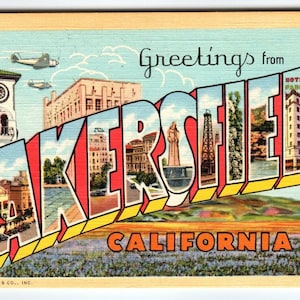 Carte postale en lin grande lettre, grande lettre des années 40, avion de Bakersfield, Californie